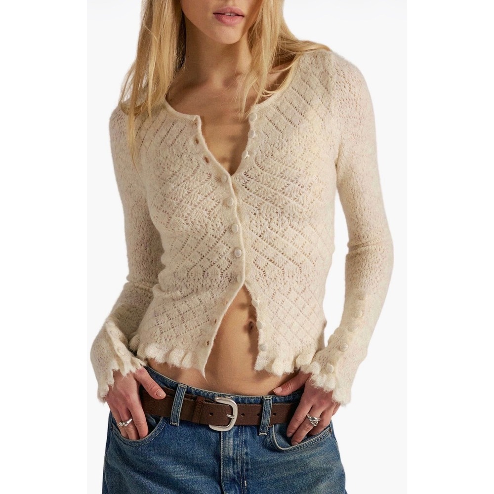 Free People Pointelle love Cardi Cream Ivory Ruffle Knit Top NWOT